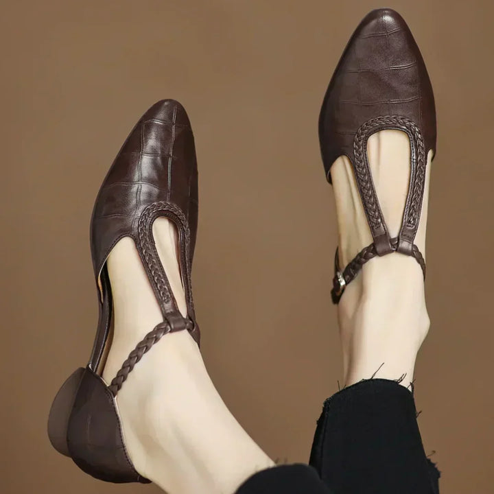 Women's Leather Braided T-Strap Sandals - Elegant Everyday Style