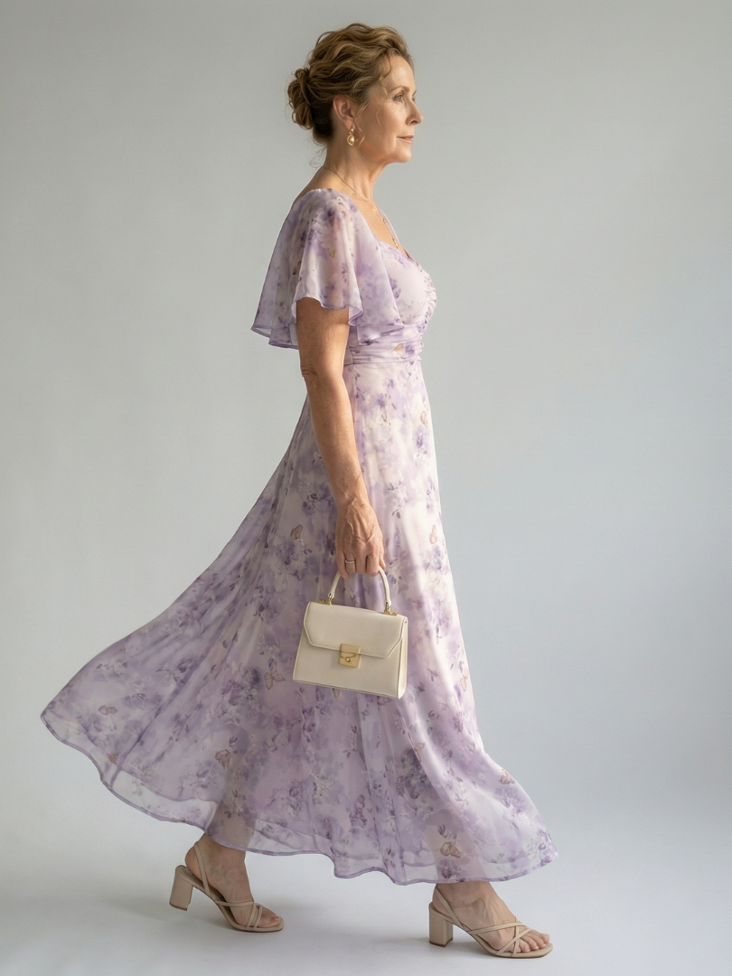 Women's Floral Flutter Sleeve Midi Dress - Effortless Everyday Style