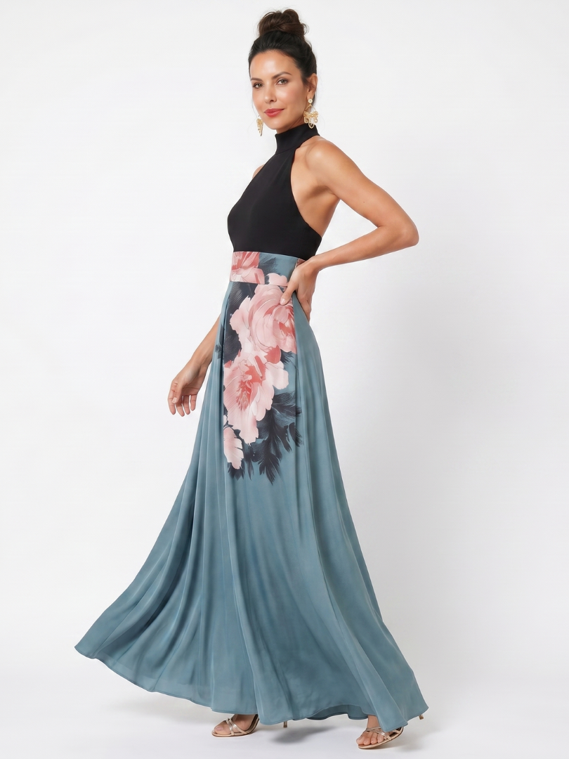 Women's Floral Halter Bodice Maxi Dress - Perfect for Formal Evenings