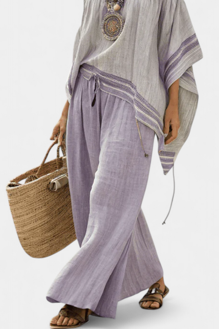 Women's Striped Bamboo Linen Off-Shoulder Top & Wide-Leg Pants