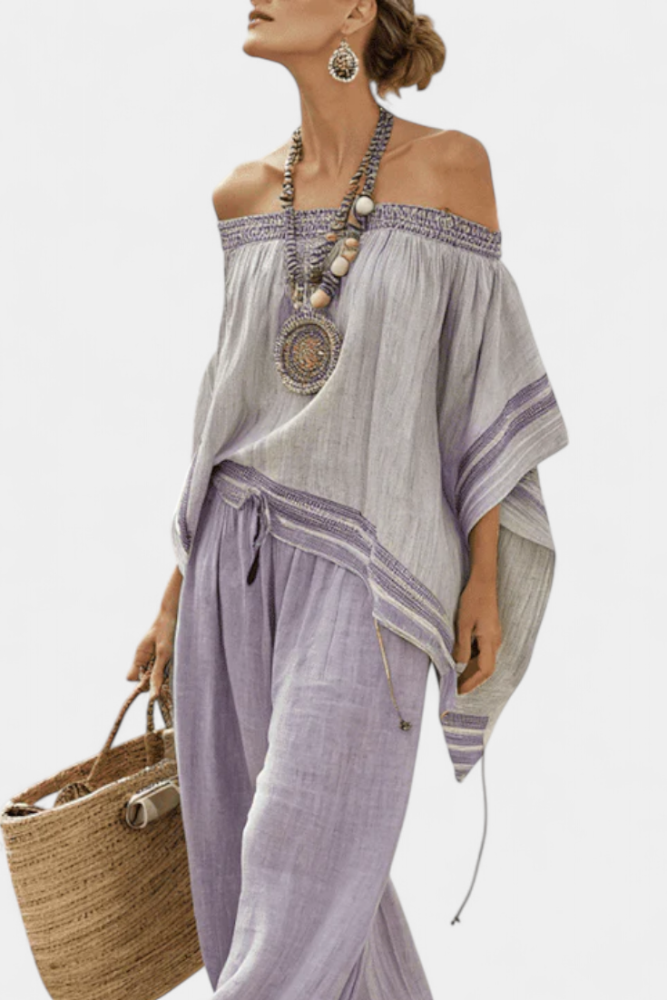 Women's Striped Bamboo Linen Off-Shoulder Top & Wide-Leg Pants