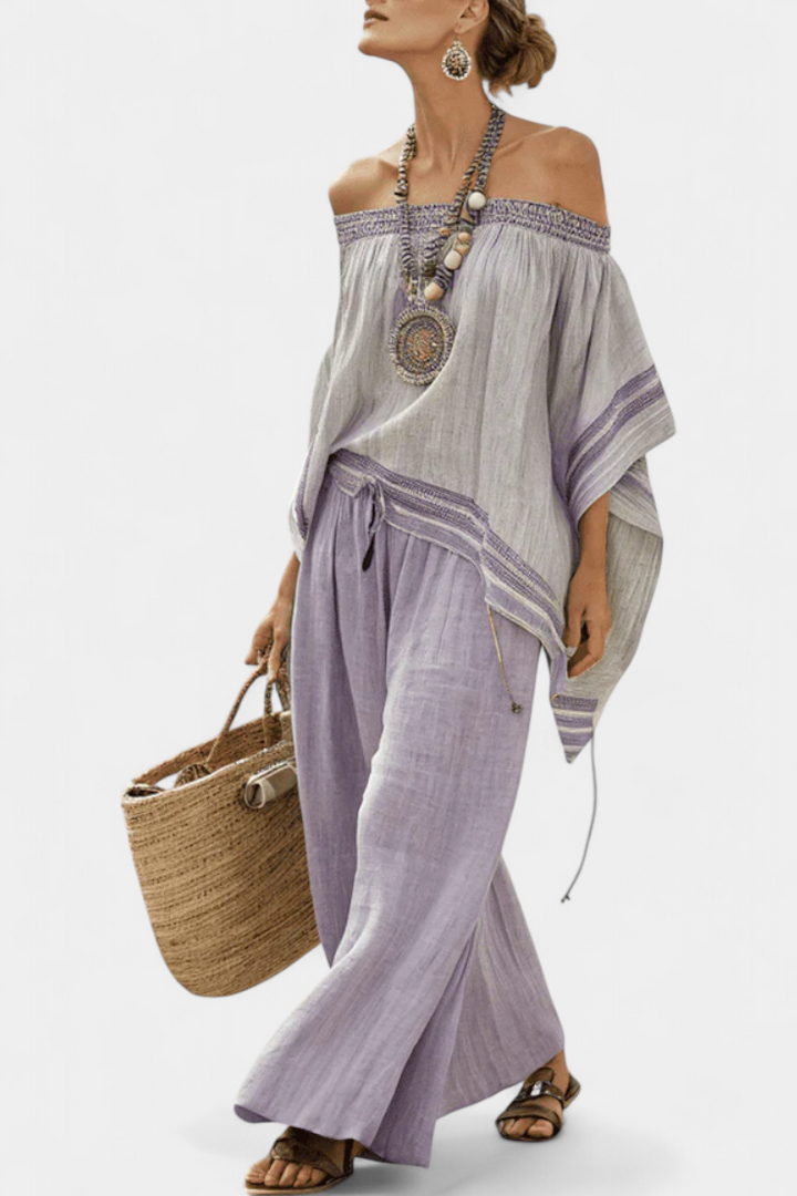 Women's Striped Bamboo Linen Off-Shoulder Top & Wide-Leg Pants