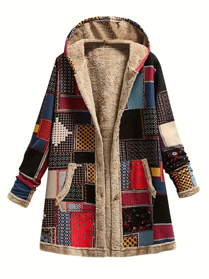 Women's Cozy Patchwork Hooded Coat - Artistic Warmth & Style