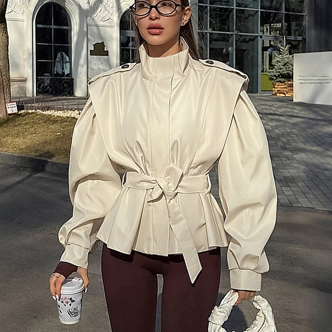 Stand-Collar Tie-Waist Trench Coat