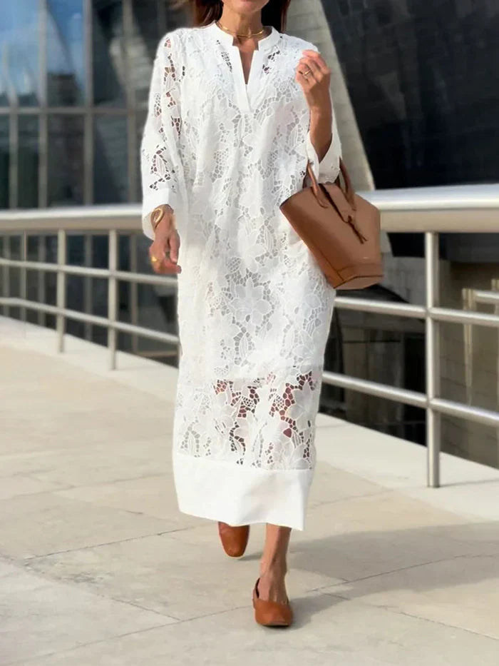 Women's Floral Lace Maxi Dress - Elegant Ankle-Length Gown