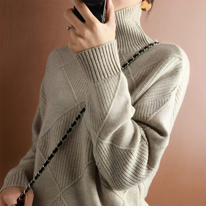 Women's Lotus Cotton Checkered Chunky Turtleneck Sweater