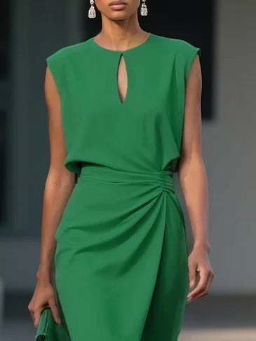 Women's Stretch Midi Dress with Side Drape - Effortless Elegance