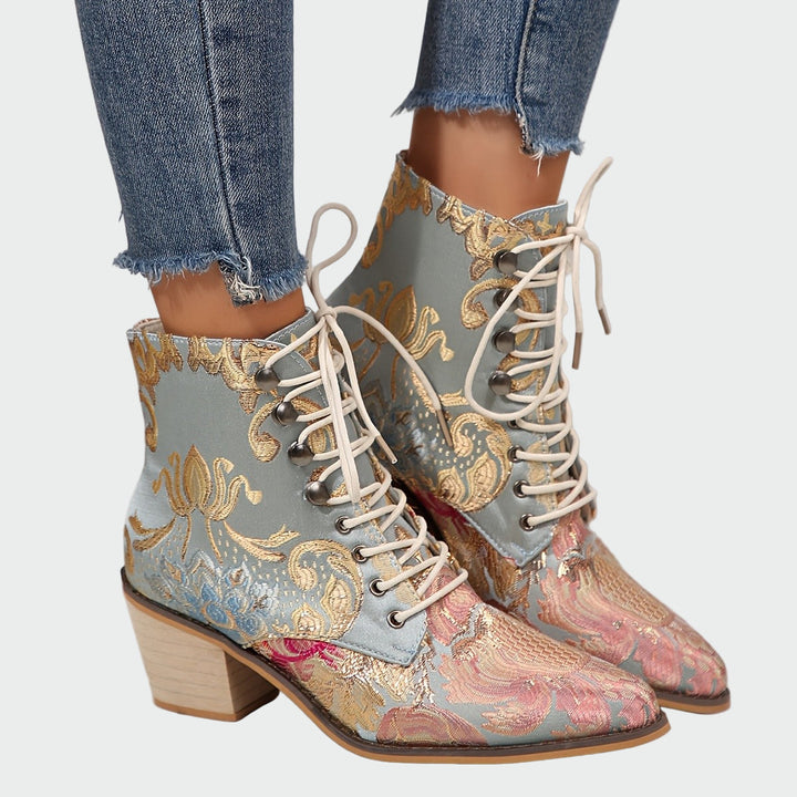 Women's Leather Ankle Boots with Embroidered Pattern - Low Heel