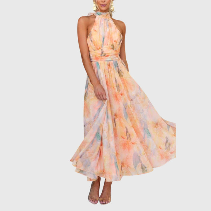 Women's Halter Neck Open-Back Maxi Dress – Watercolour Print