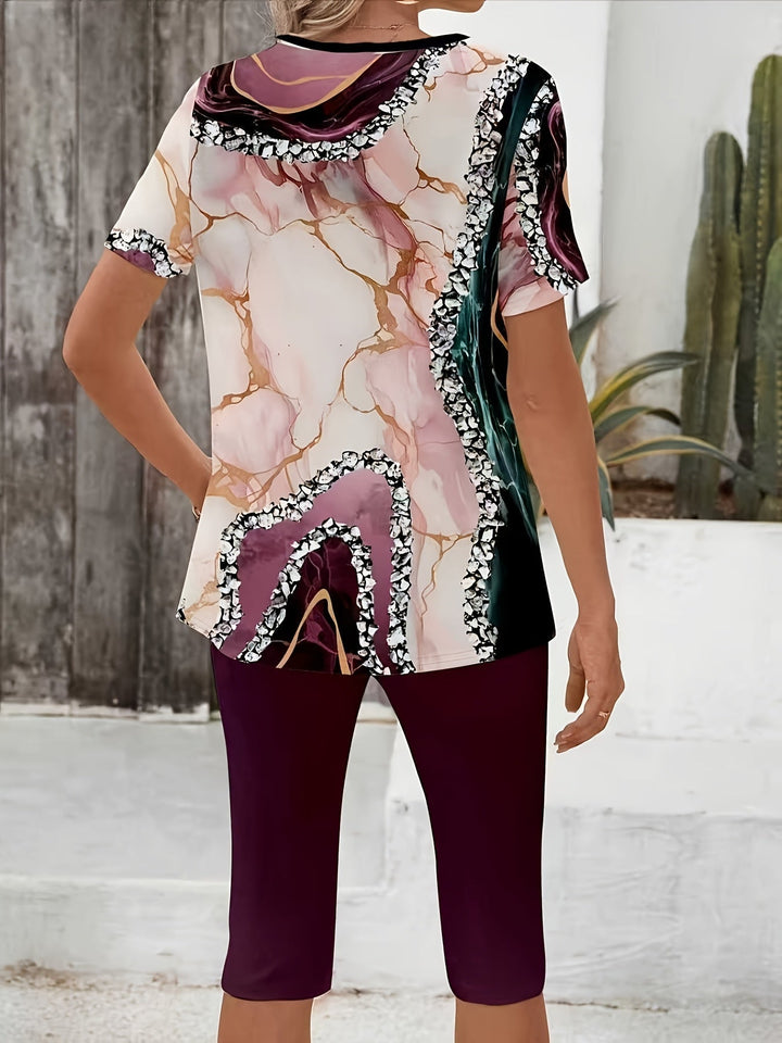 Women's Geometric Print Two-Piece Set - Relaxed Stretch Comfort