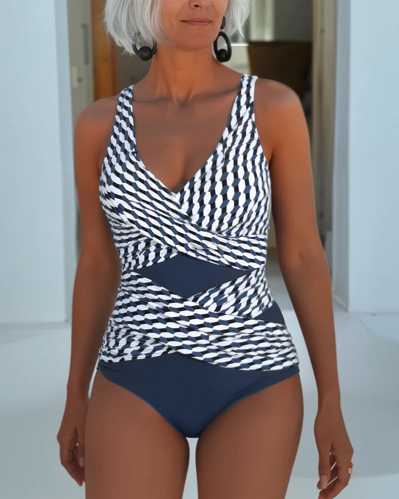 Women's Geometric Wrap One Piece Swimsuit - Elegant & Flattering