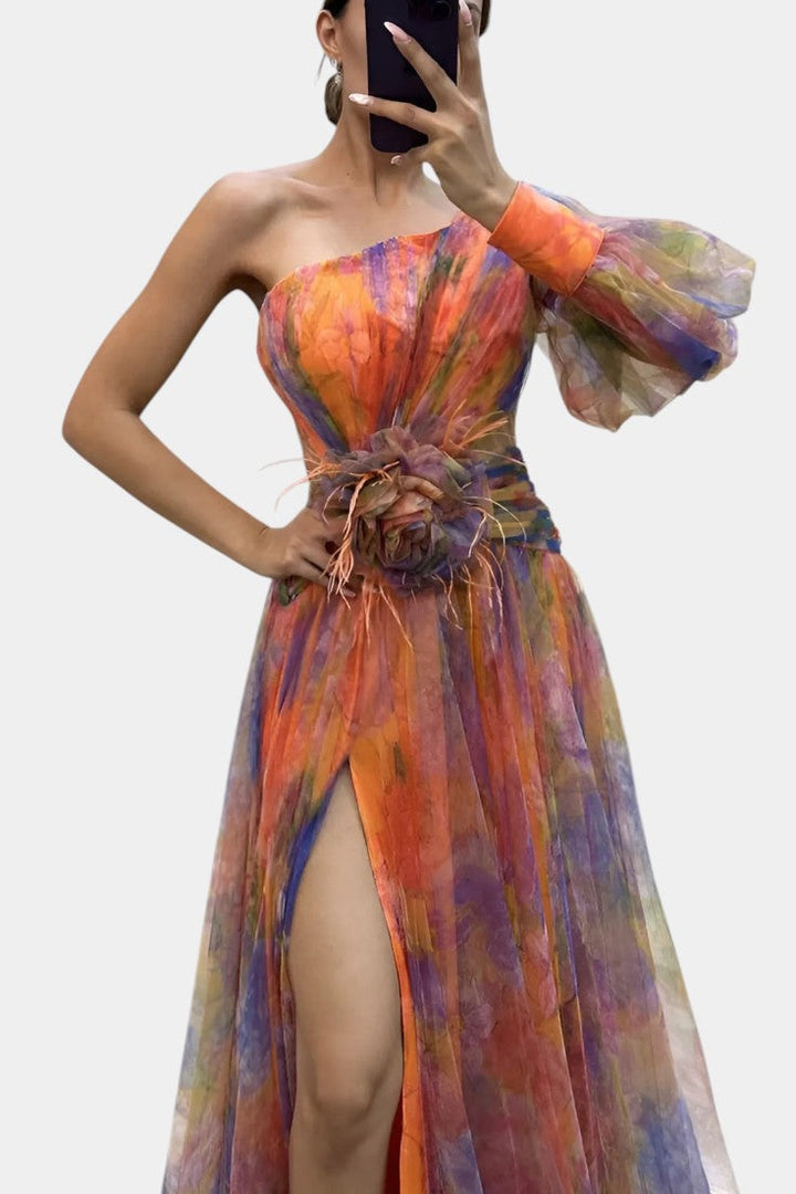 Women's Printed One-Shoulder Maxi Dress - Perfect for Weddings