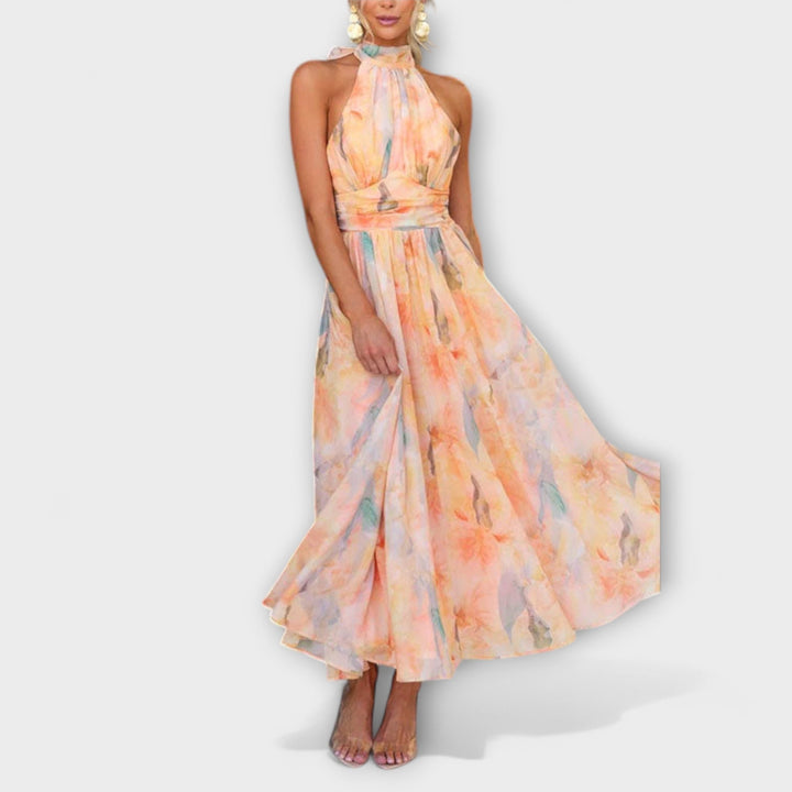 Women's Watercolor Print Halter-Neck Maxi Dress - Breezy Summer