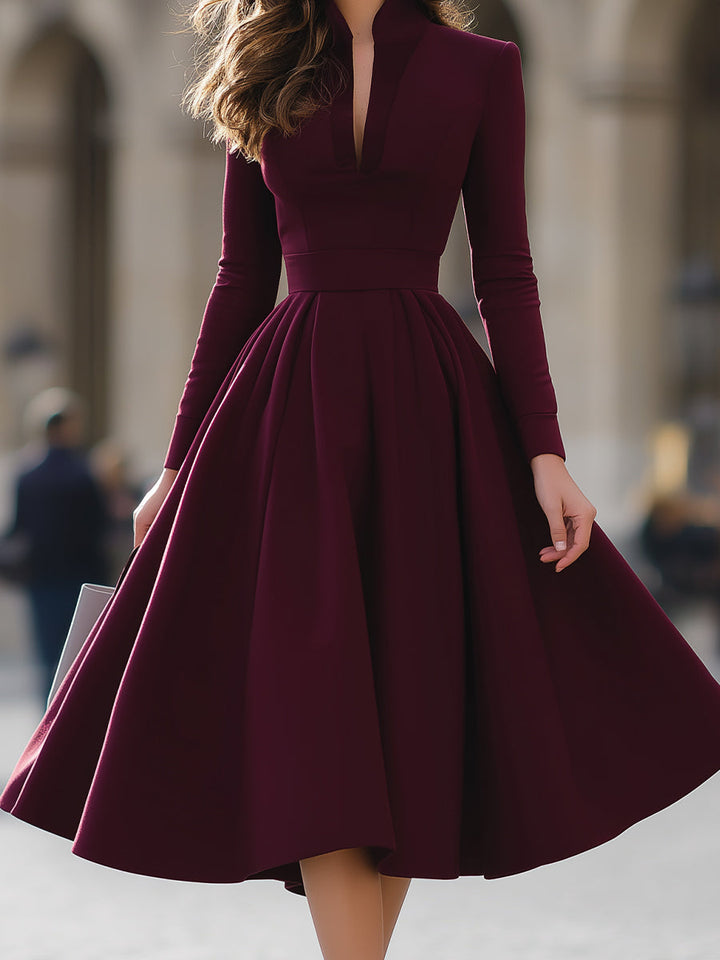Women's Burgundy V-Neck Midi Dress - Elegant Formal Wear