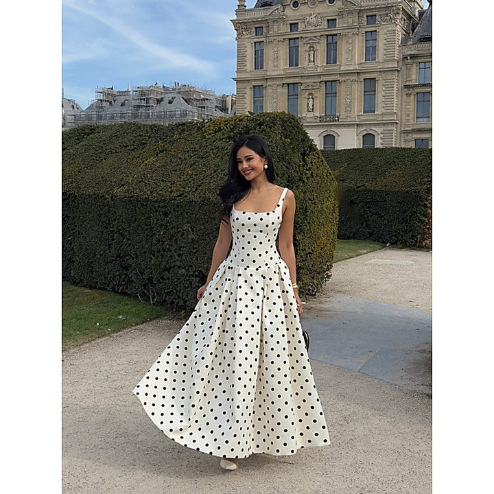 French Chic Square-Neck Polka-Dot Ruched Maxi Slip Dress