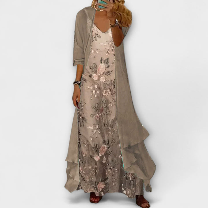 Women's Printed Maxi Dress Two-Piece Set - Elegant & Versatile