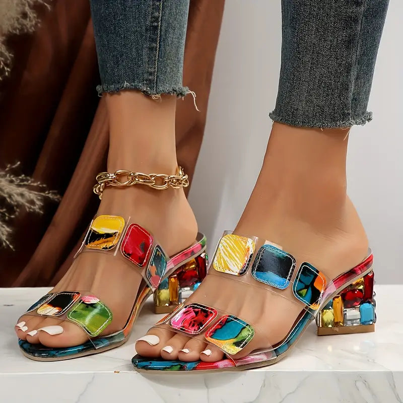 Women's Colorful Gem Block Heel Sandals - Perfect for Parties