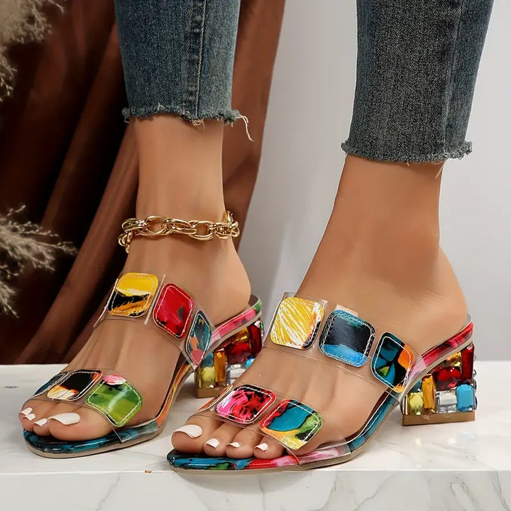 Women's Colorful Gem Block Heel Sandals - Perfect for Parties