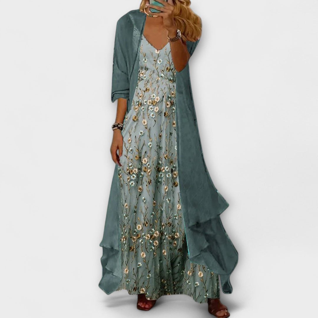 Women's Printed Maxi Dress Two-Piece Set - Elegant & Versatile