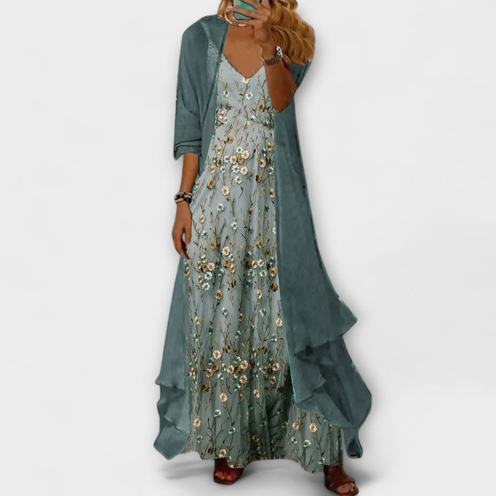 Women's Printed Maxi Dress Two-Piece Set - Elegant & Versatile
