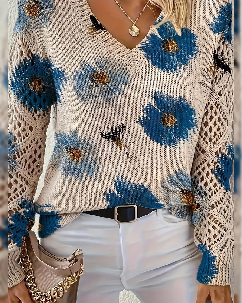 Women's Floral Open-Knit V-Neck Sweater - Effortless Elegance