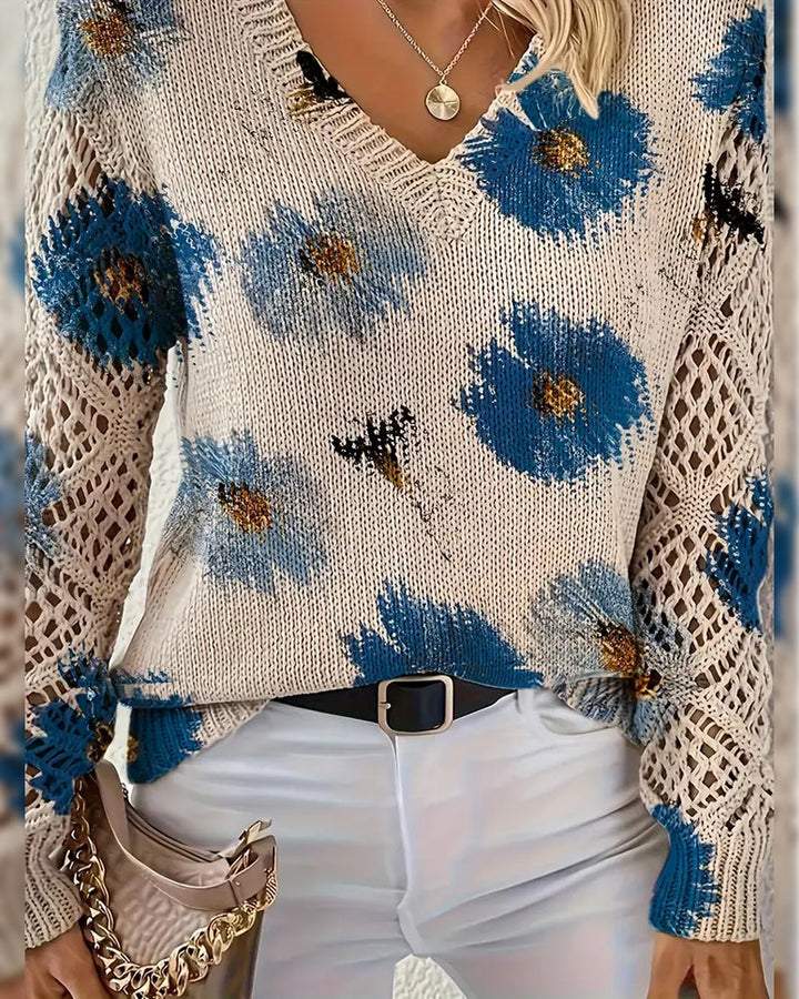 Women's Floral Open-Knit V-Neck Sweater - Effortless Elegance