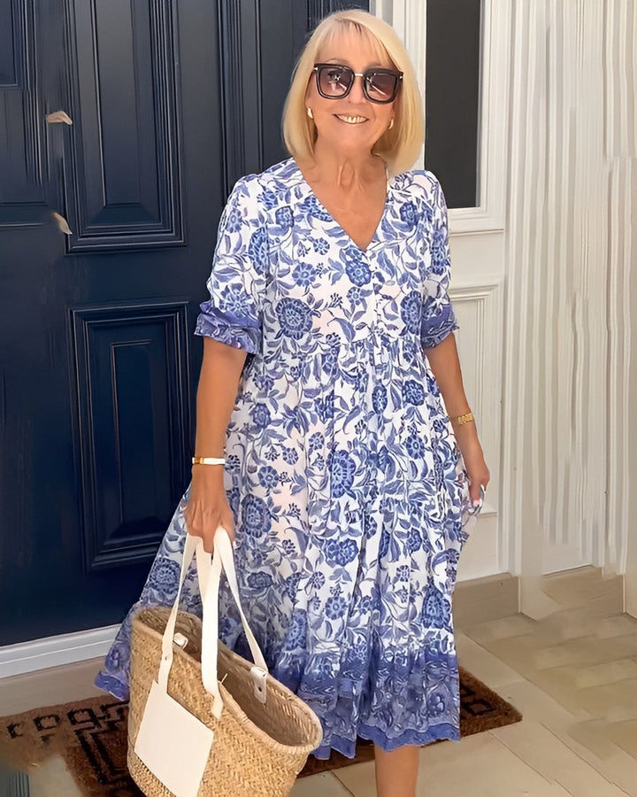 Women's Printed V-Neck Midi Dress - Everyday Elegance