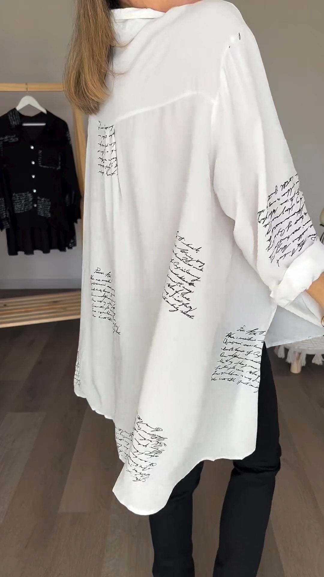 Women's Handwritten Print Button-Up Shirt - Artistic Everyday Style