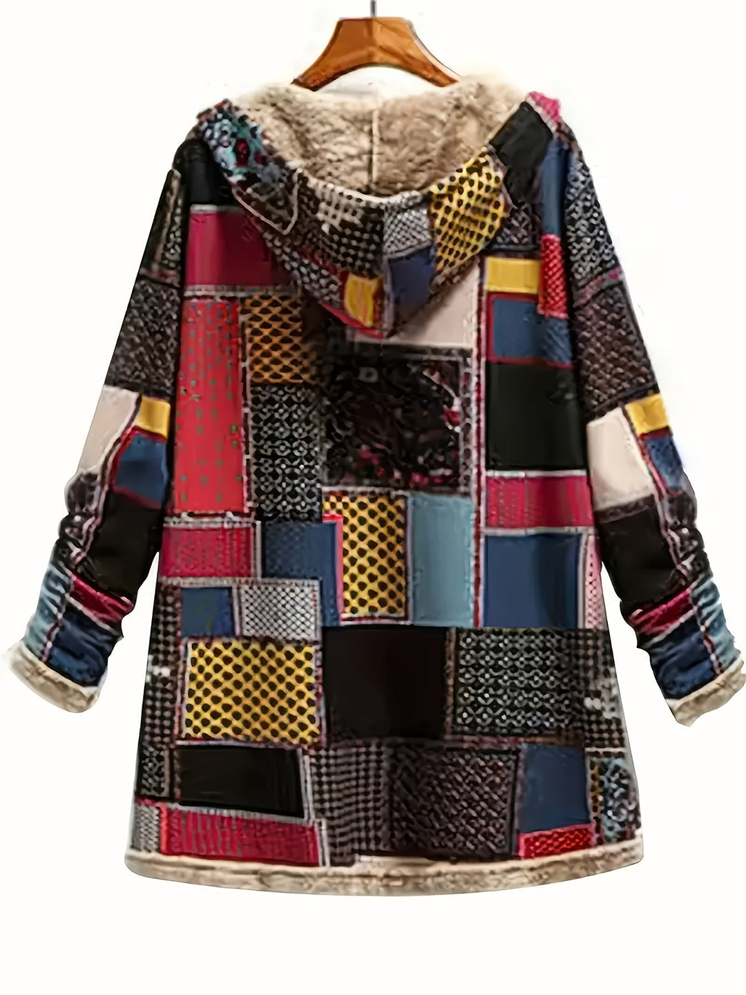 Women's Cozy Patchwork Hooded Coat - Artistic Warmth & Style