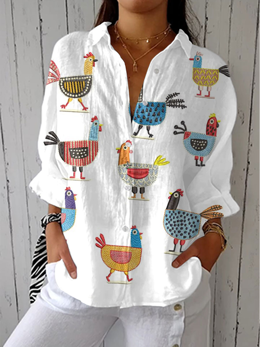 Women's Colorful Chicken Print Cotton Madeline Blouse