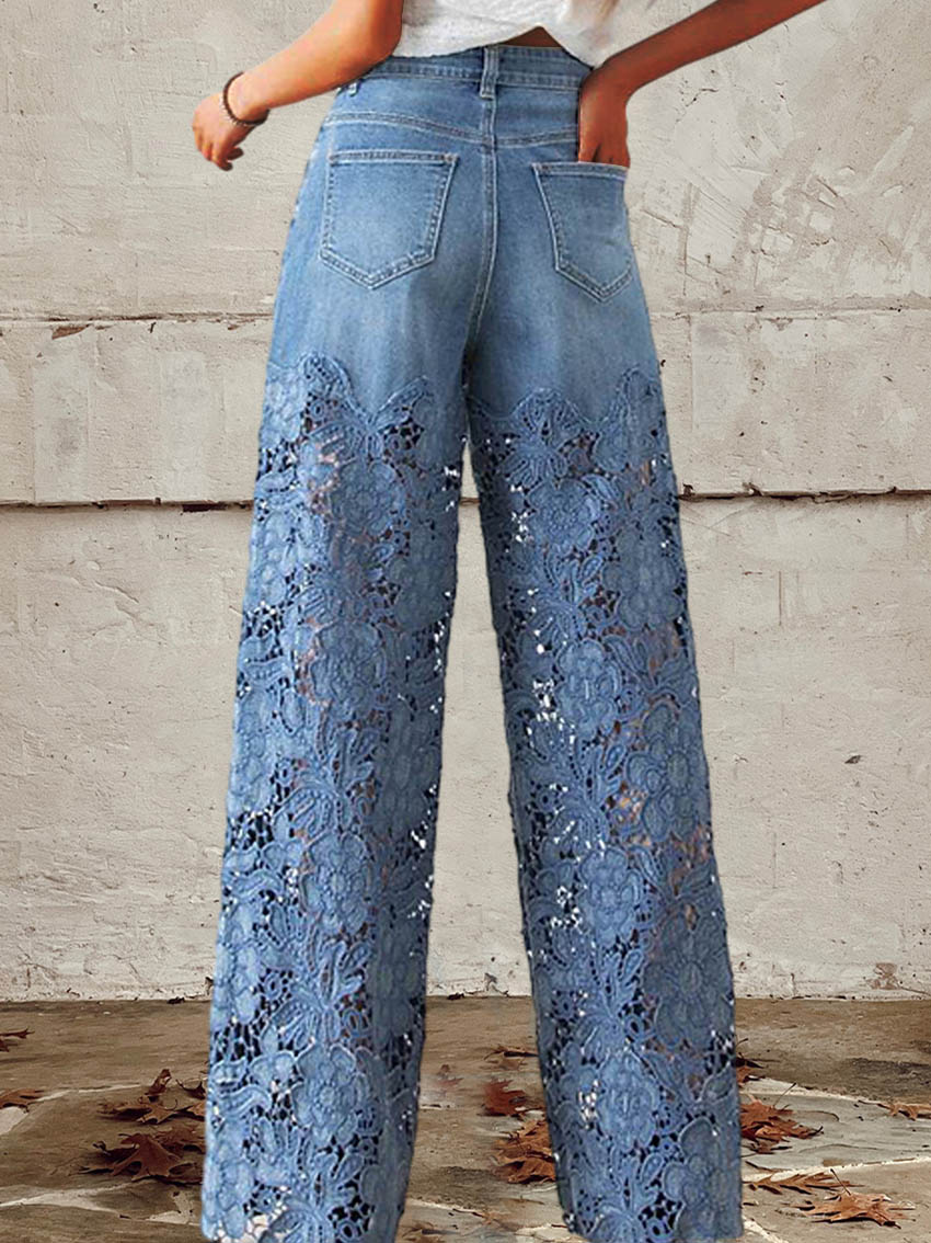 Women's Lace Accent Wide-Leg Denim Jeans - Edgy Meets Elegant