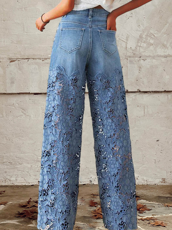 Women's Lace Accent Wide-Leg Denim Jeans - Edgy Meets Elegant