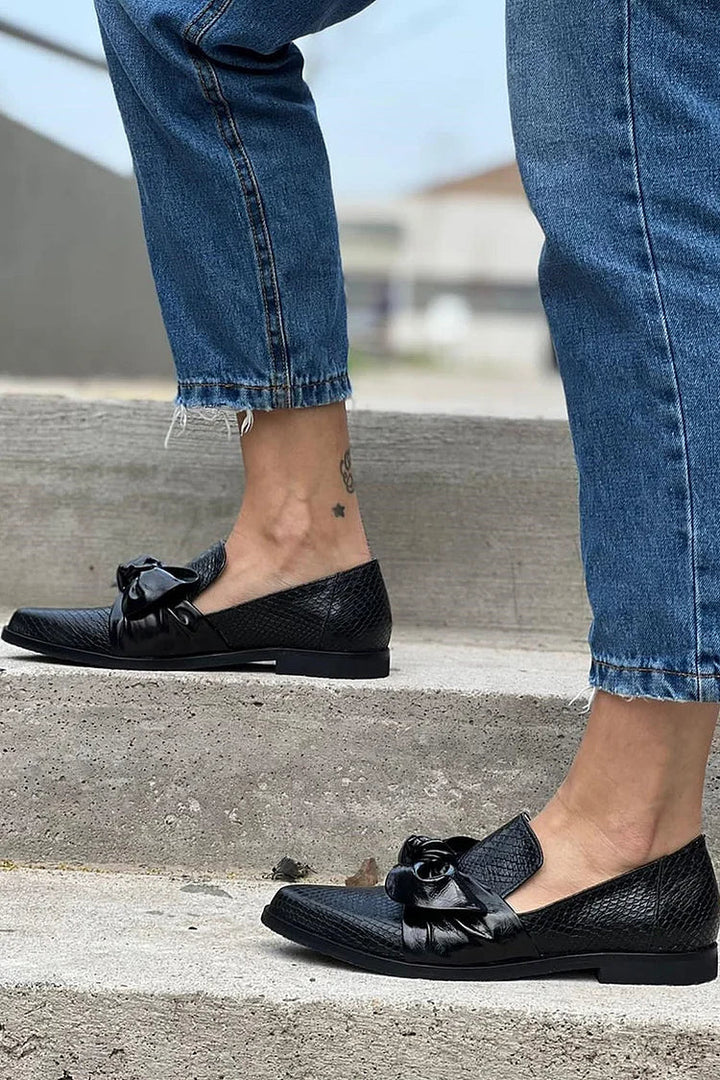Women's Black Loafer with Shiny Bow - Elegant Everyday Shoe