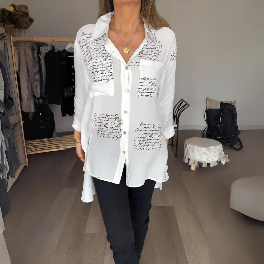Women's Handwritten Print Button-Up Shirt - Artistic Everyday Style