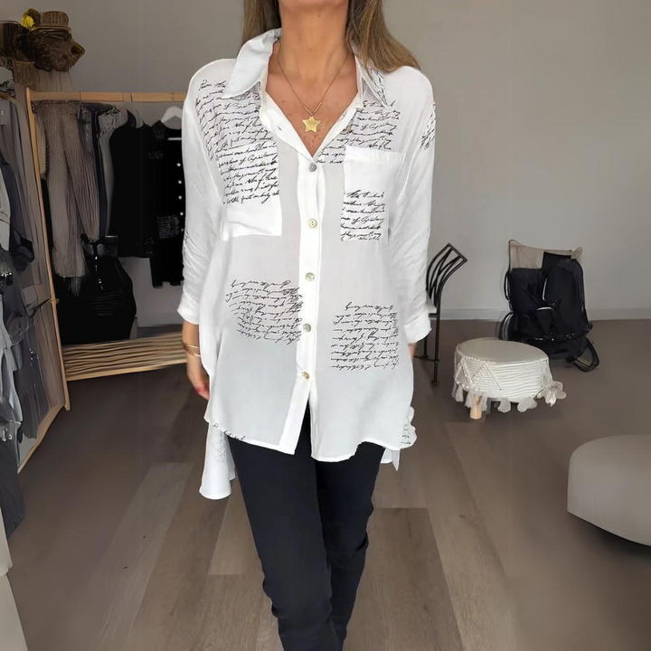 Women's Handwritten Print Button-Up Shirt - Artistic Everyday Style