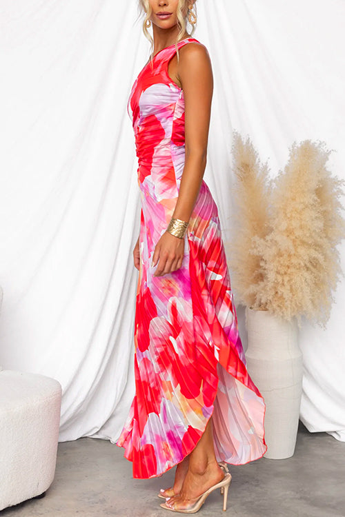 Women's Printed Asymmetrical Pleated Dress - Tropical Evening Charm