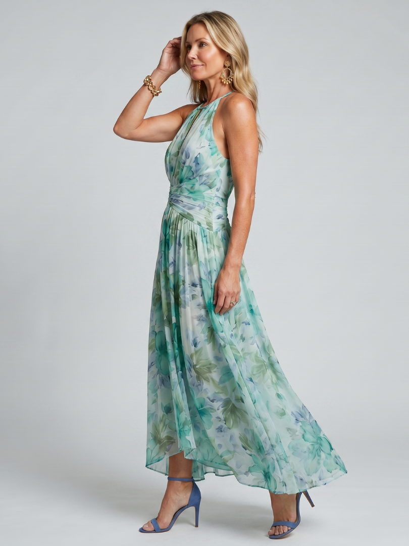 Women's Floral Pleated Halter Midi Dress - Effortless Warm-Weather