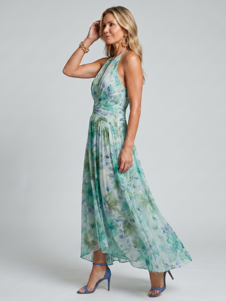 Women's Floral Pleated Halter Midi Dress - Effortless Warm-Weather