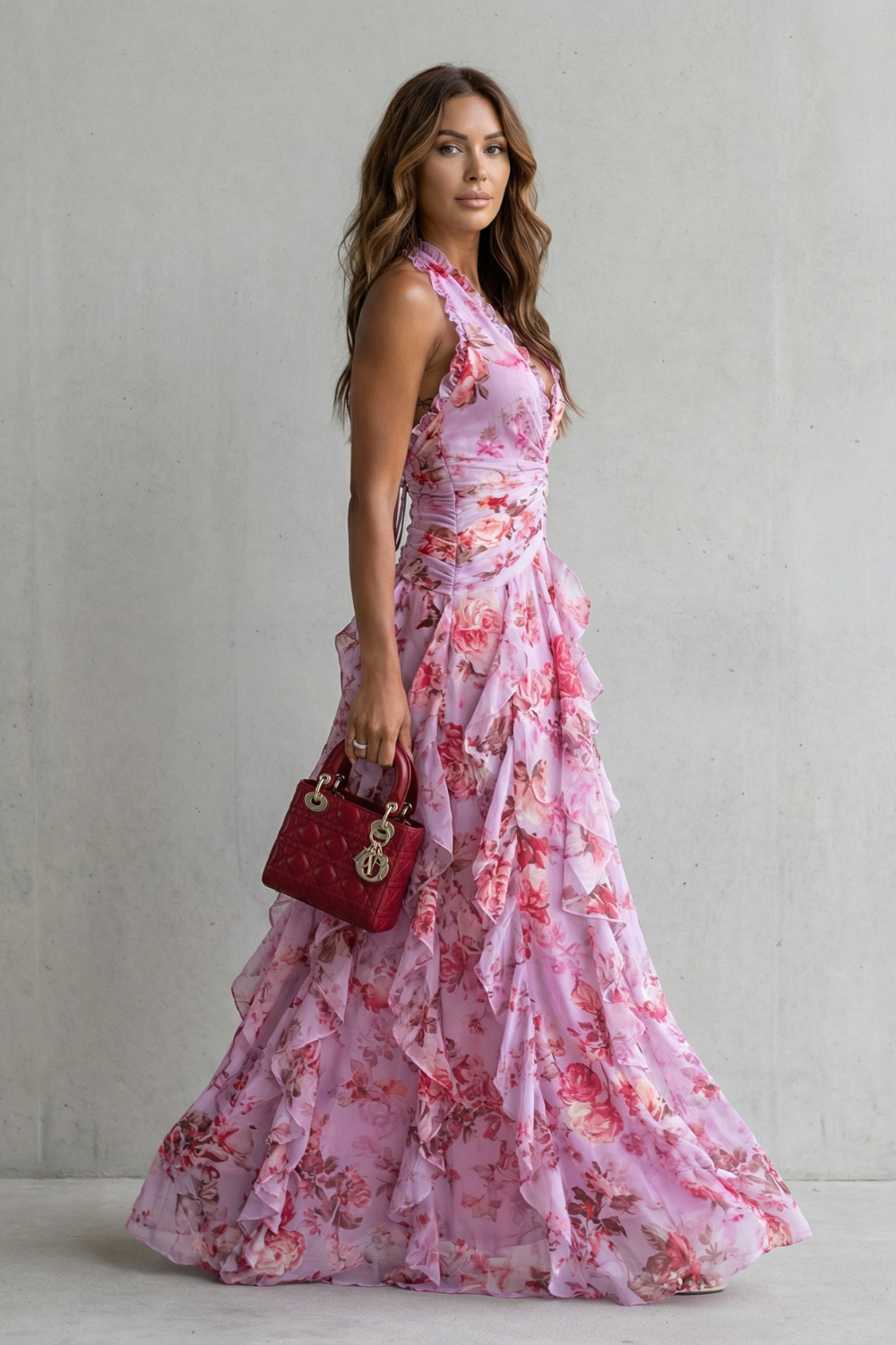 Women's Floral Halter Maxi Dress - Romantic & Elegant