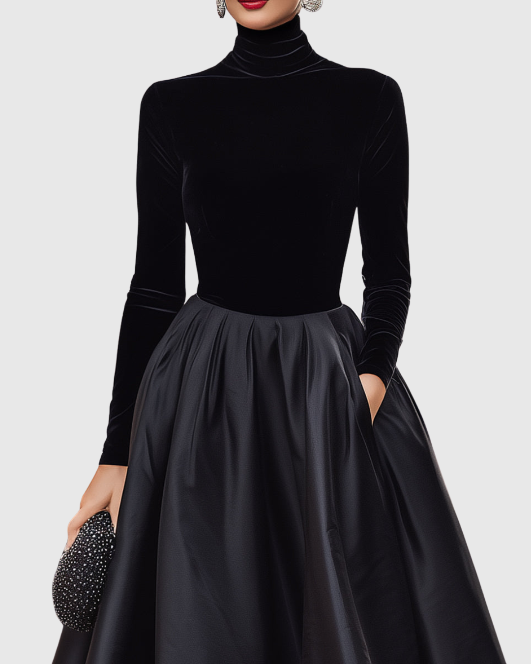 Women's Aradia Black Velvet and Satin Midi Dress - Evening Elegance