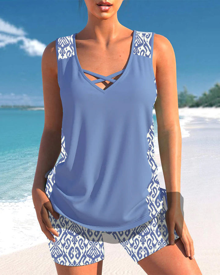 Women's Geometric Print V-Neck Tankini - Chic Beach Essential