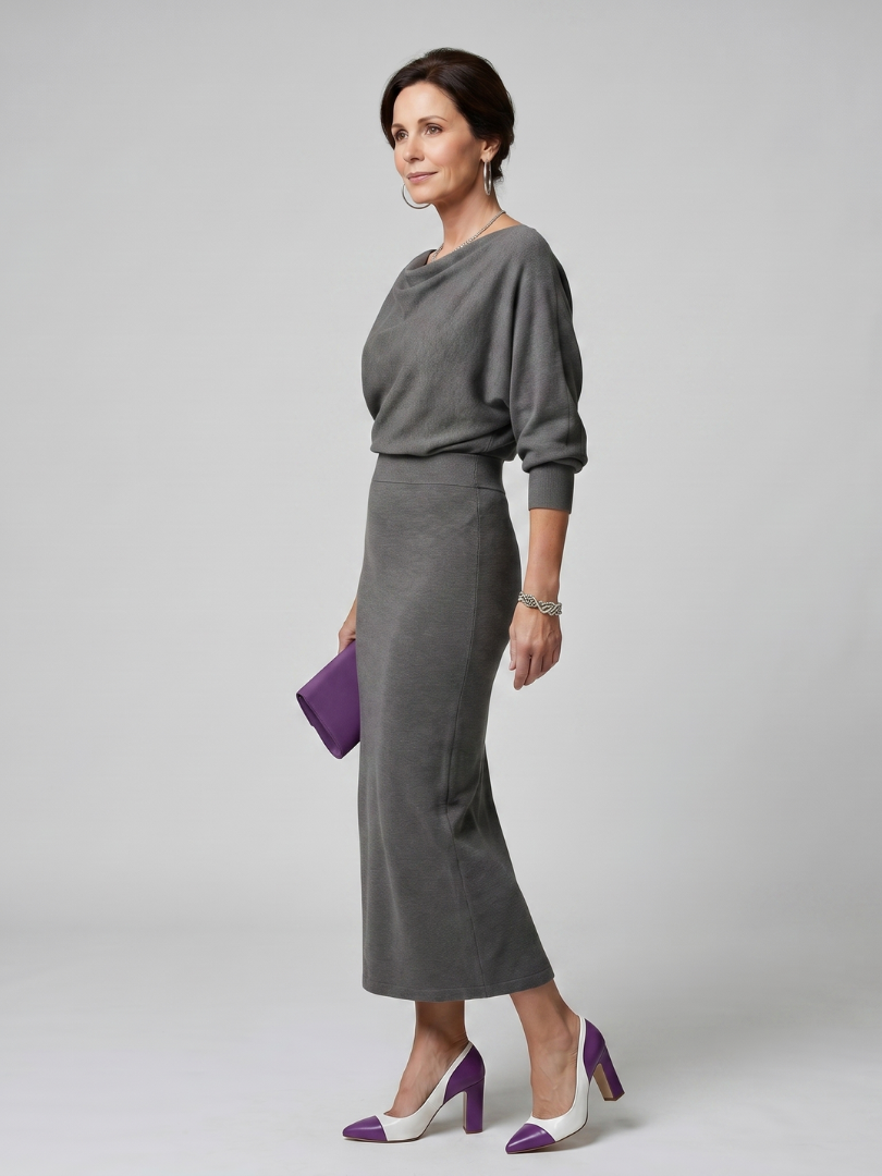 Women's Romy Draped Neckline Fitted Midi Dress - Classic Silhouette