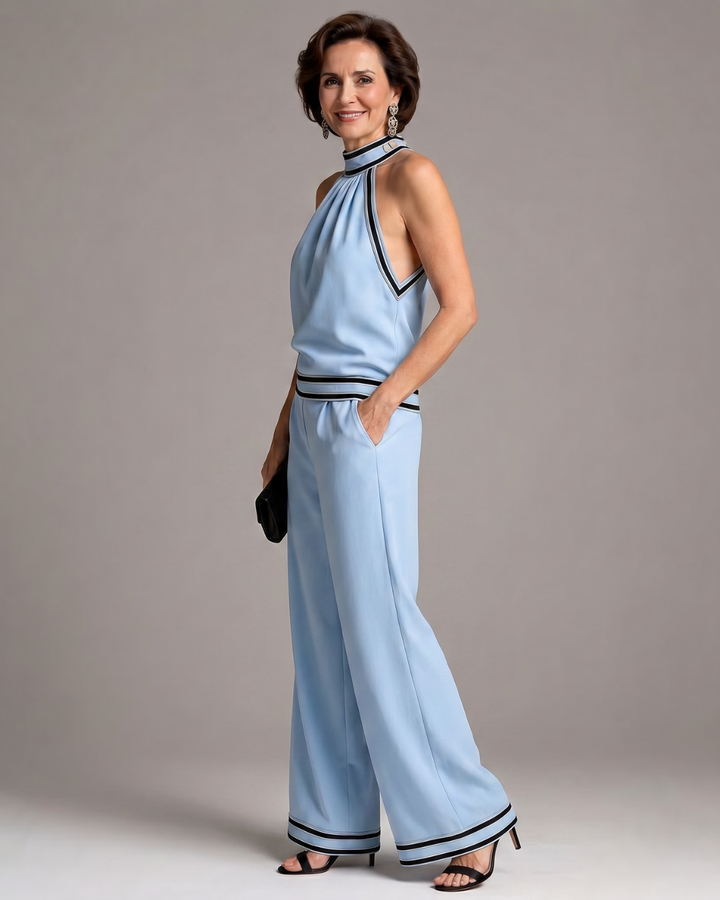 Women's Contrast Trim Halter Neck Wide Leg Jumpsuit - Warm Weather