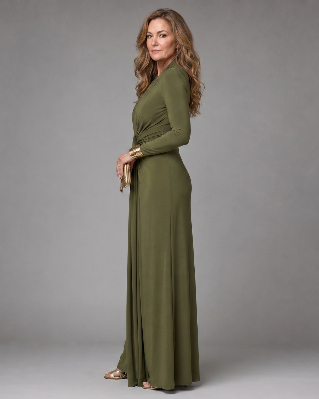 Women's Draped Deep V Neck Long Sleeve Maxi Dress - Evening Formal