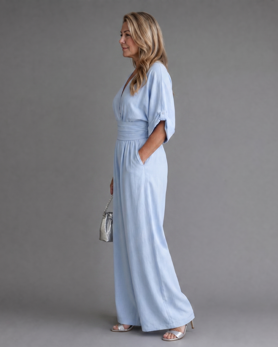Women's Draped V Neck Wide Leg Relaxed Jumpsuit - Effortless Everyday