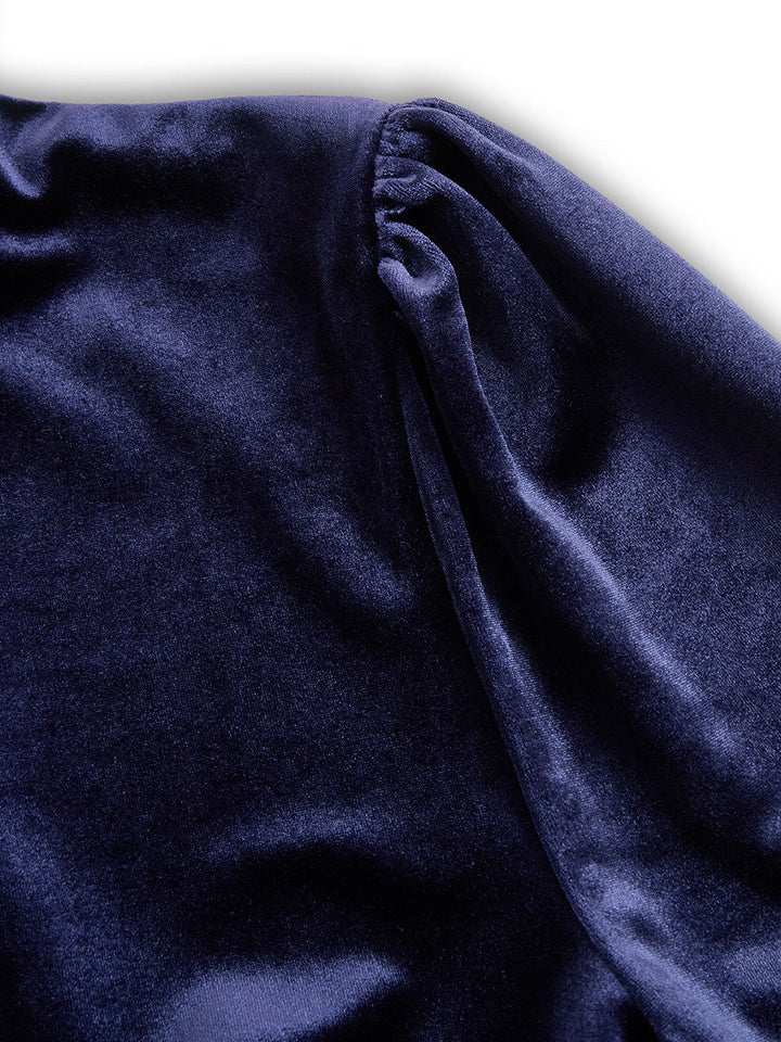 Women's Navy Blue Velvet Long-Sleeve Midi Dress - Evening Elegance