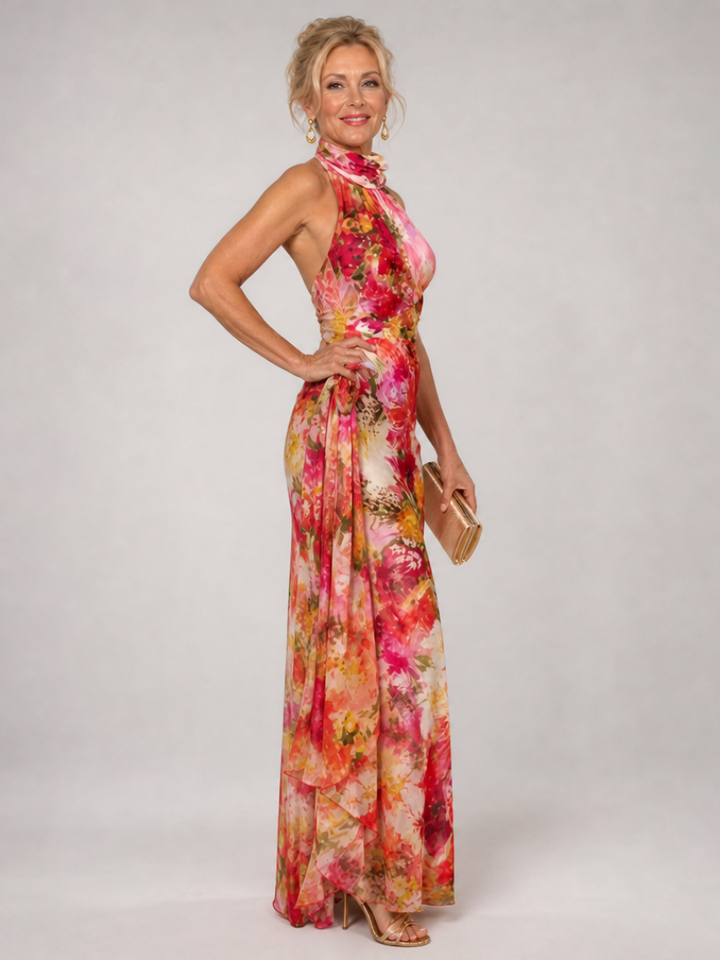 Women's Halter Neck Floral Print Maxi Dress - Elegant Silhouette