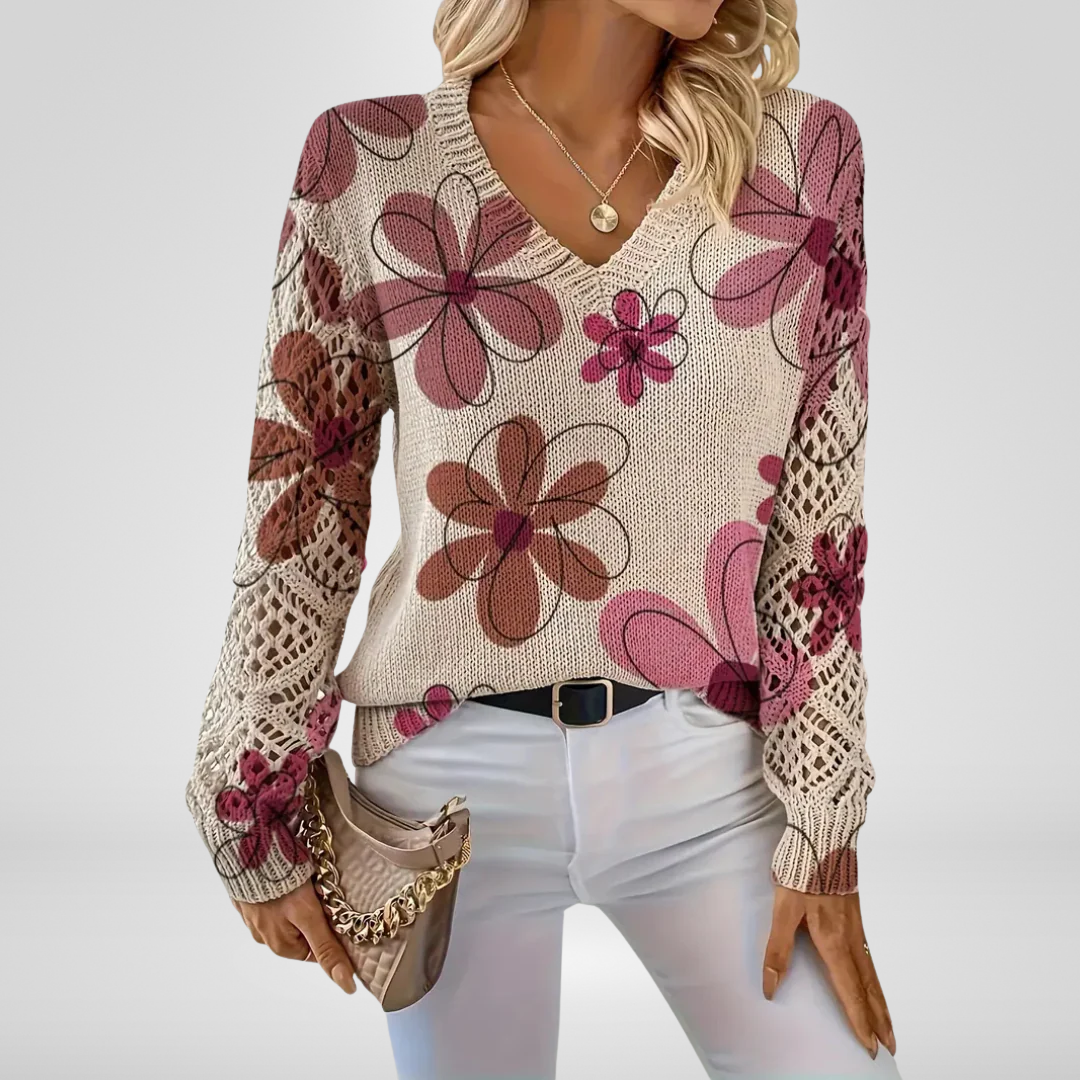 Women's Floral V-Neck Knit Sweater - Year-Round Elegance
