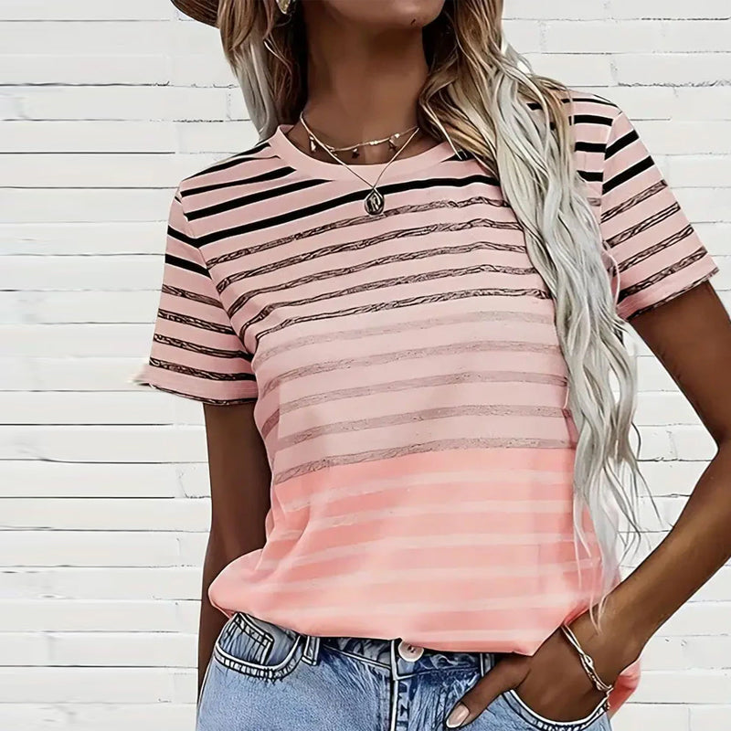 Women's Striped Round Neck Short Sleeve Tee - Effortless Style