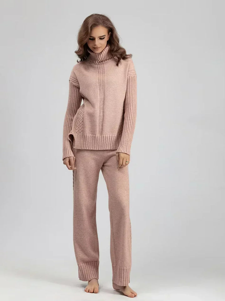 Women's Turtleneck Knit Sweater and Loose Pants Set - Cozy Casual